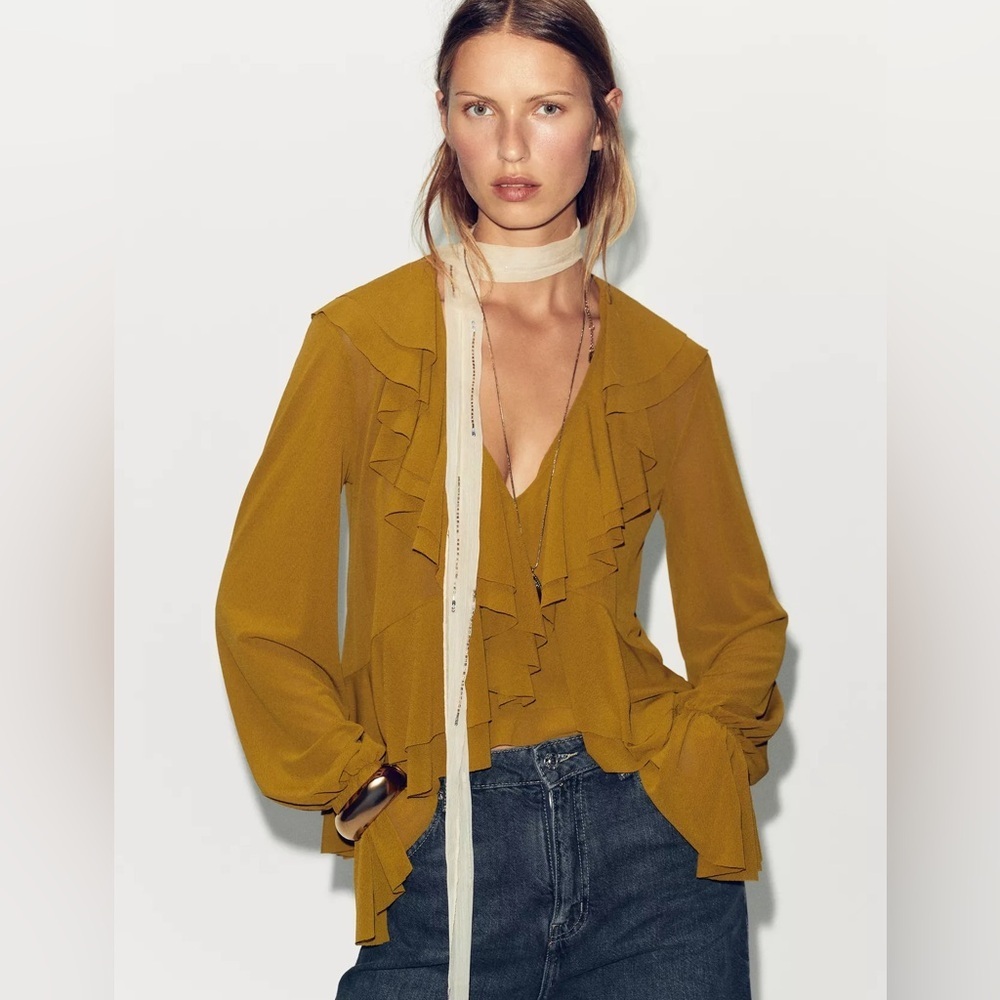 Zara Mustard Ruffle V-Neck Blouse Sheer Peplum Bell Sleeve Boho Top NWT M